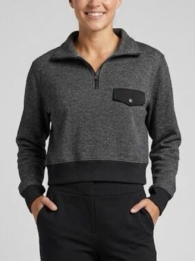 Mono B Womens Cropped Charcoal Heather/Black Colorblock Fleece Lined Quarter Zip